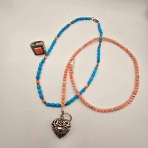 Vintage Sterling Silver 925 Coral Turquoise Beaded Necklace Ring Heart Locket